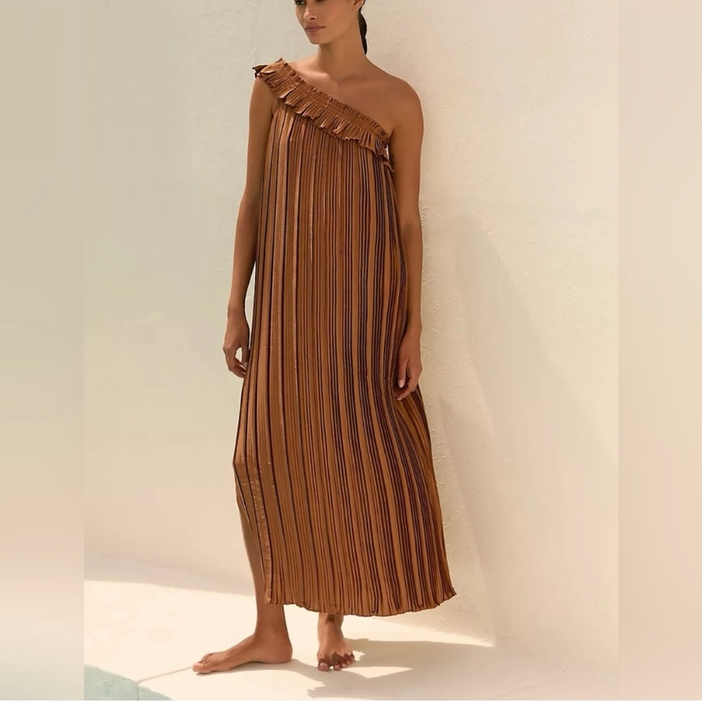 Anthropologie one shoulder brown crinkle dress